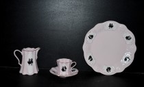 Tasse und Untertasse, Milchkännchen, flacher Teller Olga 418, rosa Porzellan